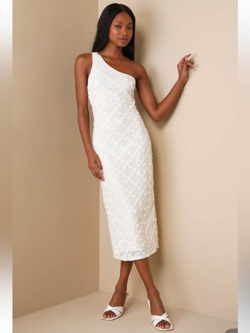 NWOT Freesia Truly Poised Ivory Textured 3D Floral One-Shoulder Midi Dress FLAW